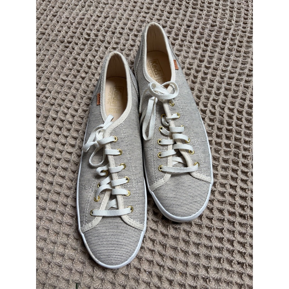 Keds Kickstart Women Cream Black Striped Canvas Low Top Lace Up Shoes size 9